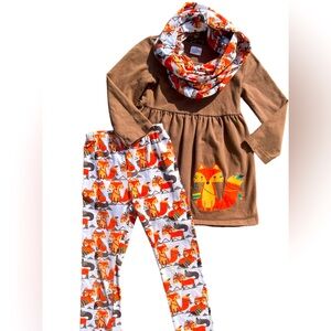 Girls Size: XL- (6T) Fall Fox Printed Top, Leggings & Scarf Set